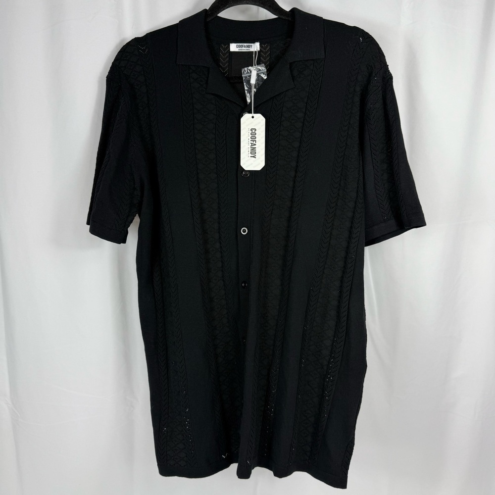 Coofandy Men's Button Up Shirt Size L Short Sleeve Collared Black Resortwear